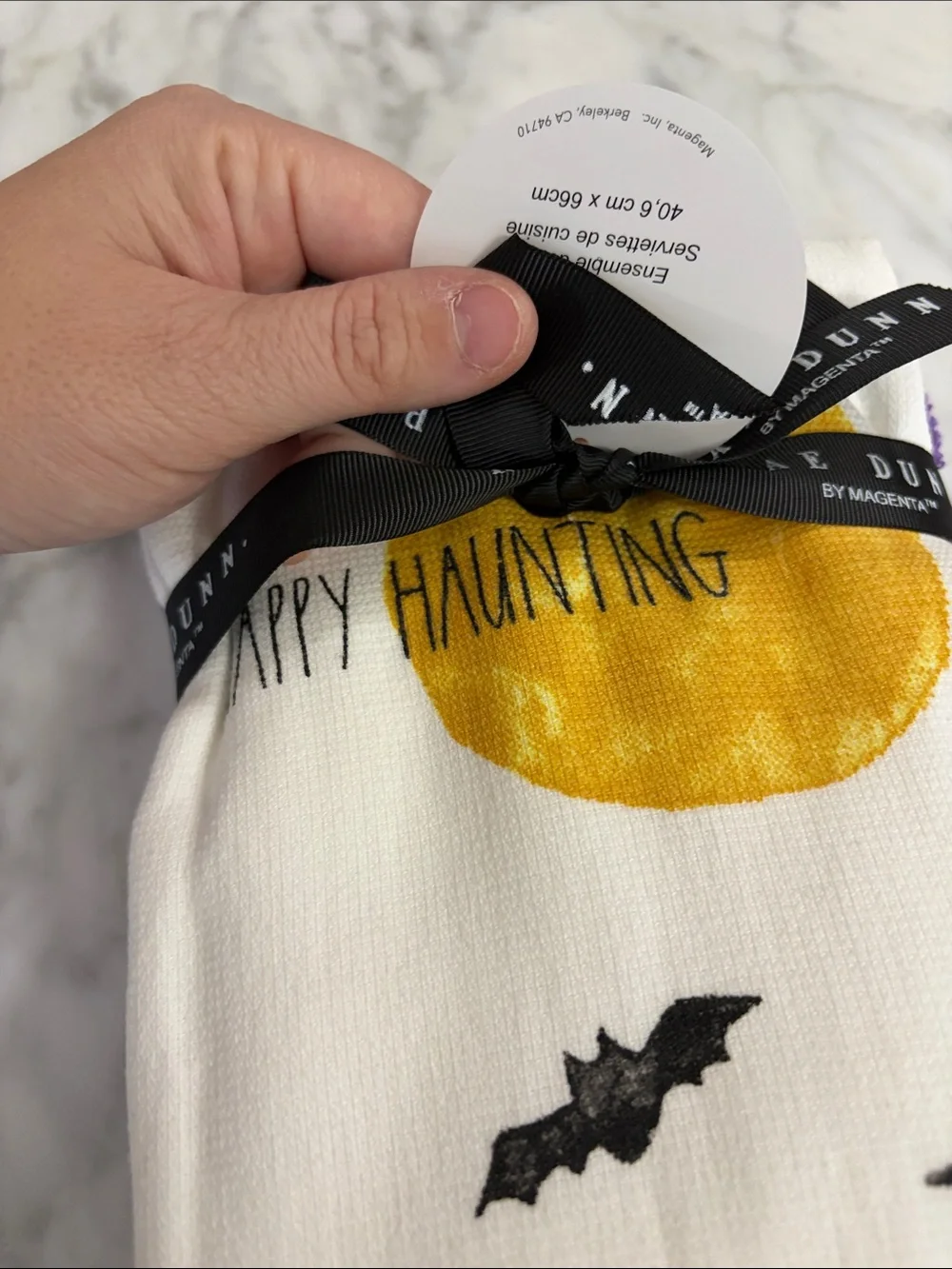 NWT Rae Dunn Happy Haunting Dog & Cat Halloween Bats Kitchen Towels White